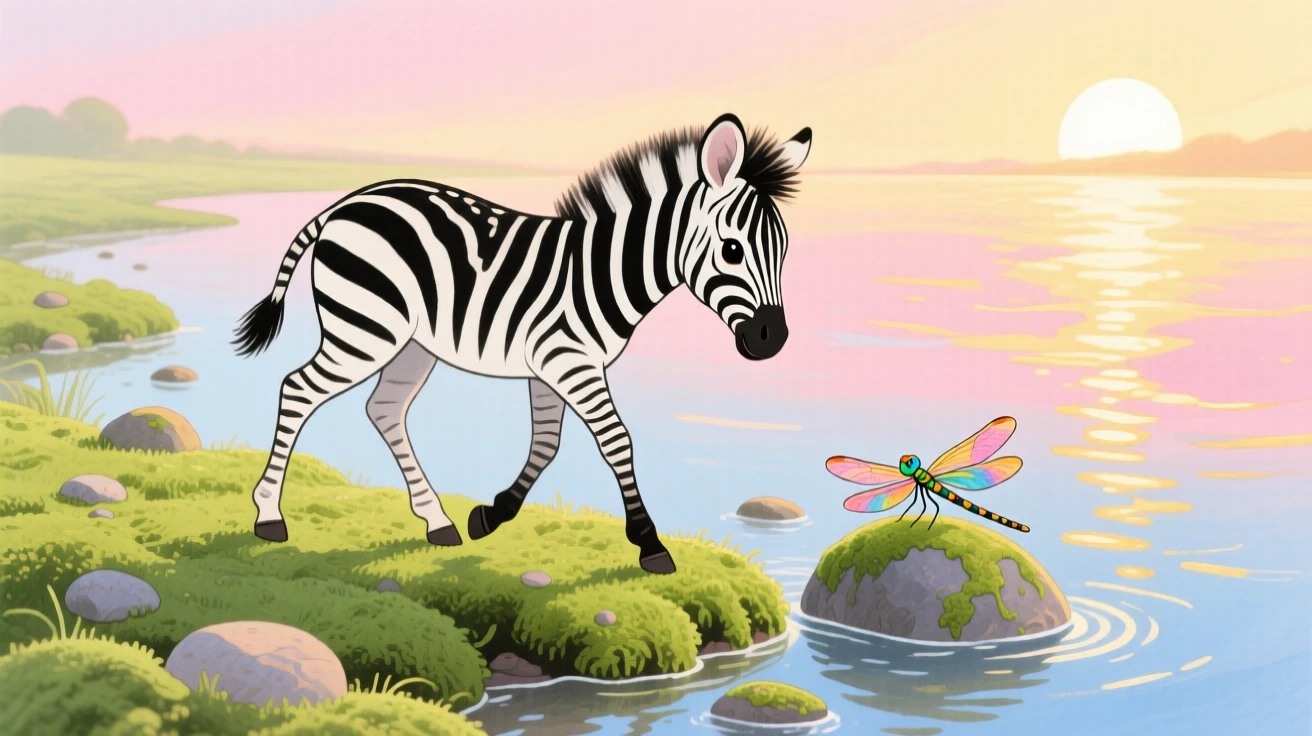 A zebra foal learning to walk discovering something new in a mossy riverbank at sunrise.