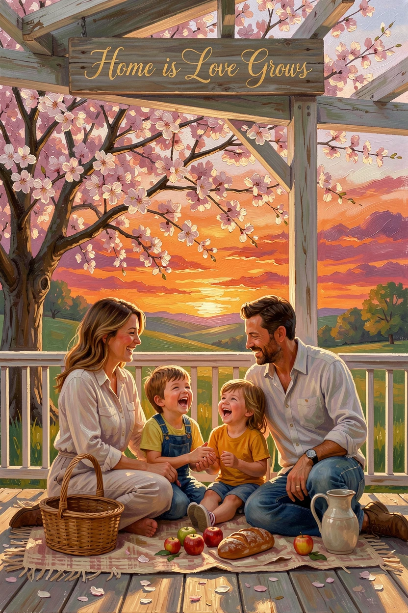 A family having a picnic beneath a blossoming tree, laughter shared over a simple, joyful moment, on a porch overlooking rolling countryside, as the sun sets in brilliant color behind them.