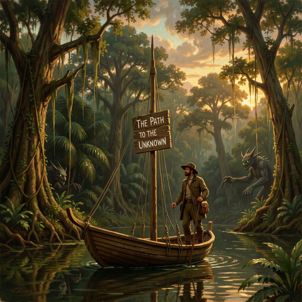 A daring archaeologist sails toward a dense, uncharted rainforest as danger lurks in the shadows.