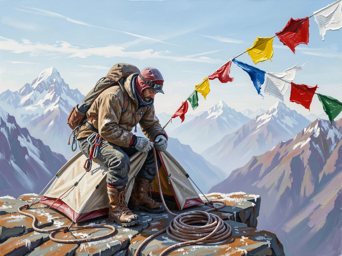 A mountaineer sets up a high camp on a narrow ledge on Everest, prayer flags snapping in the wind against a backdrop of distant peaks, small gear details, like worn boots or coiled rope, hinting at the effort behind the moment.