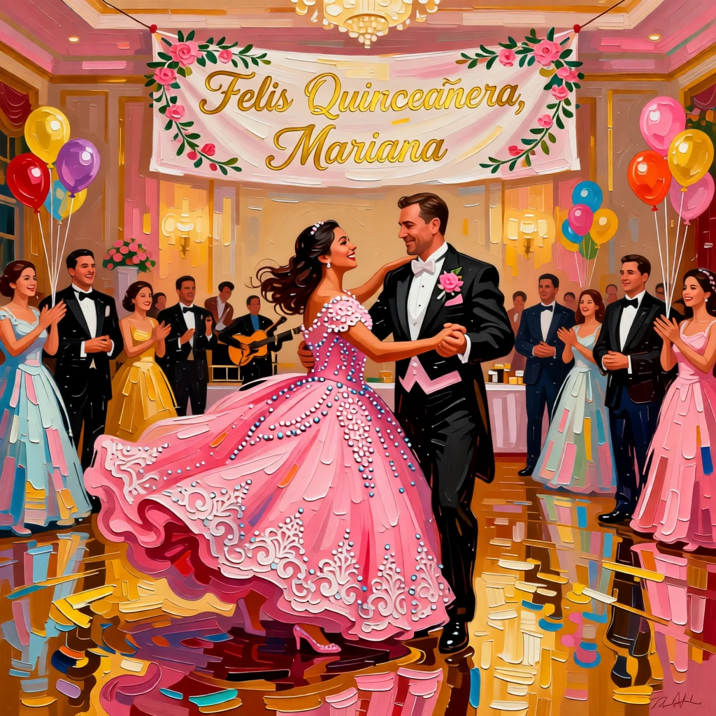A quinceañera celebration with a young woman in a flowing pink gown dancing with her father