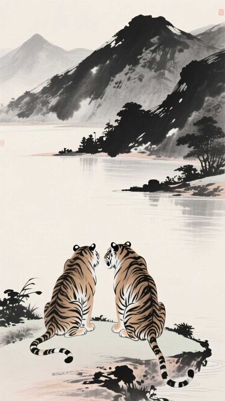 A pair of tigers pausing at the edge of a quiet clearing beside a tranquil mountain lake, seen from a respectful distance within its natural surroundings, evoking the gentle rhythm of the natural world.