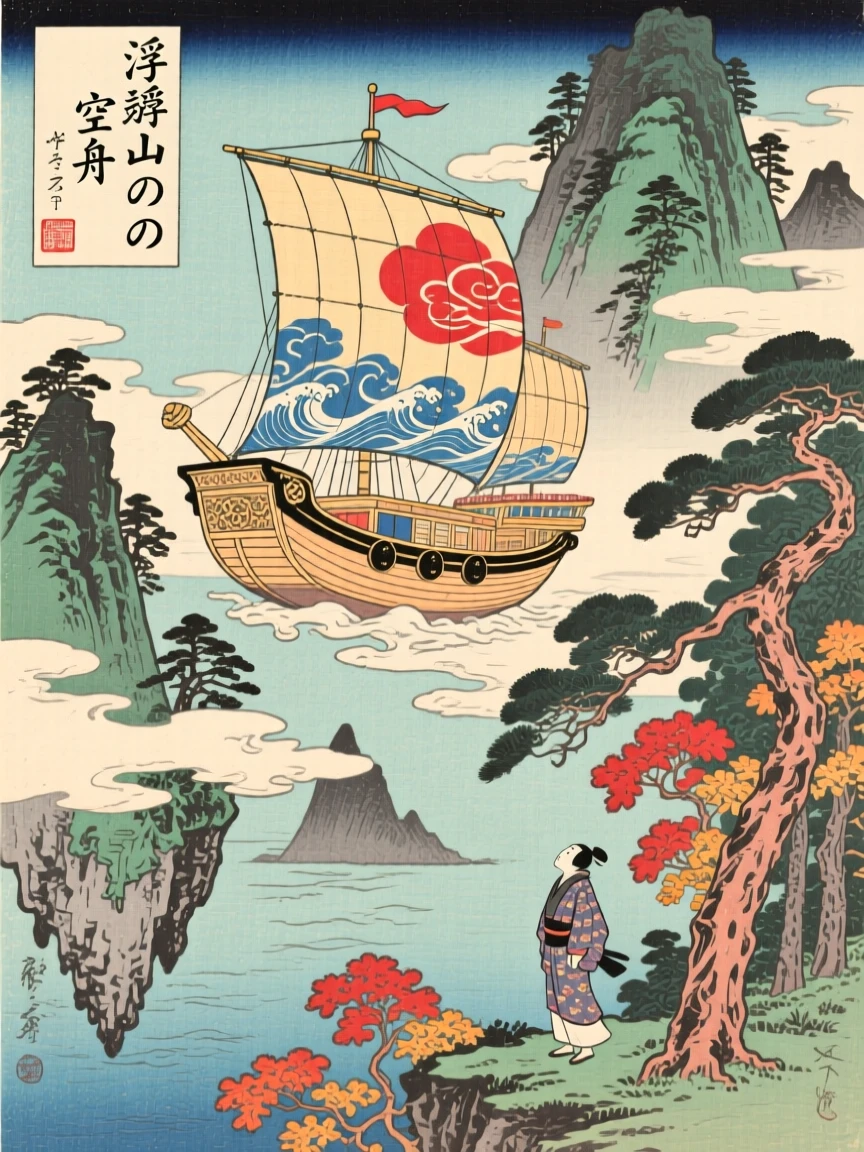 A sky ship sailing between floating mountains, standing at the edge of an ancient forest.