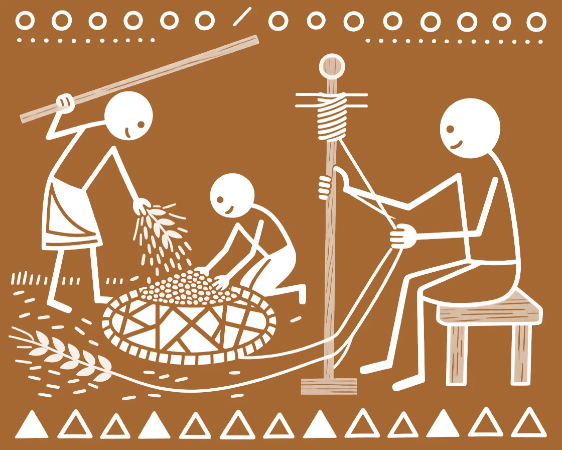 A family threshing wheat by hand spinning thread on a simple wooden spindle.