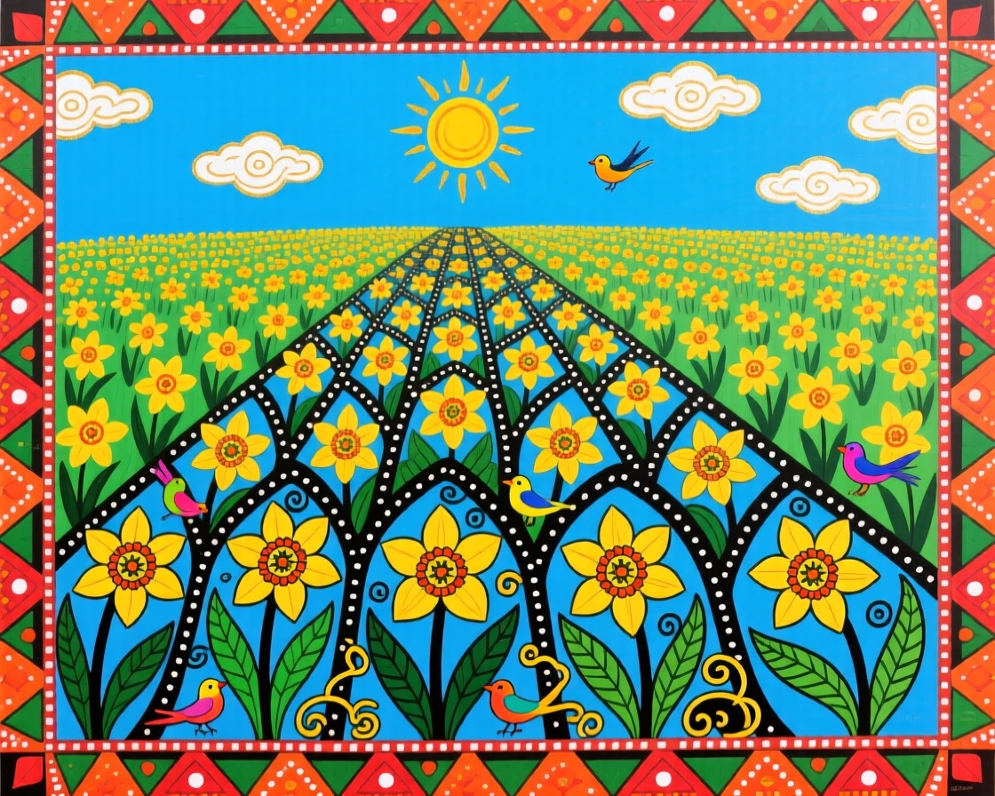 A field of daffodils announcing the arrival of spring beneath a clear sky.