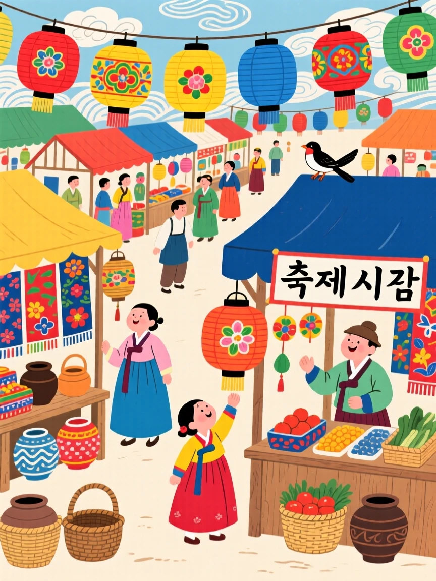 A festival market filled with colorful goods and paper lanterns.