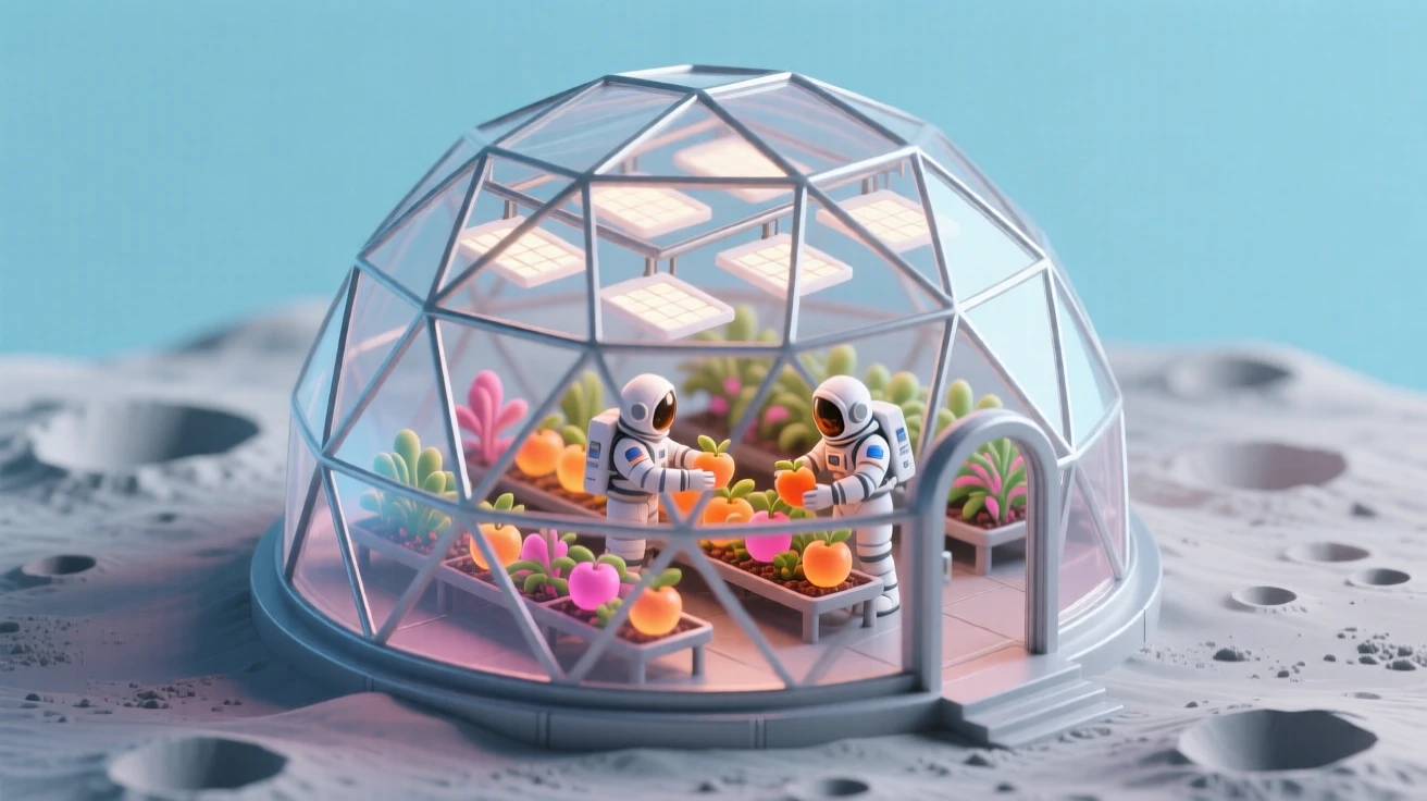 A futuristic greenhouse dome on the moon, astronauts harvesting glowing fruit beneath artificial sunlight panels.