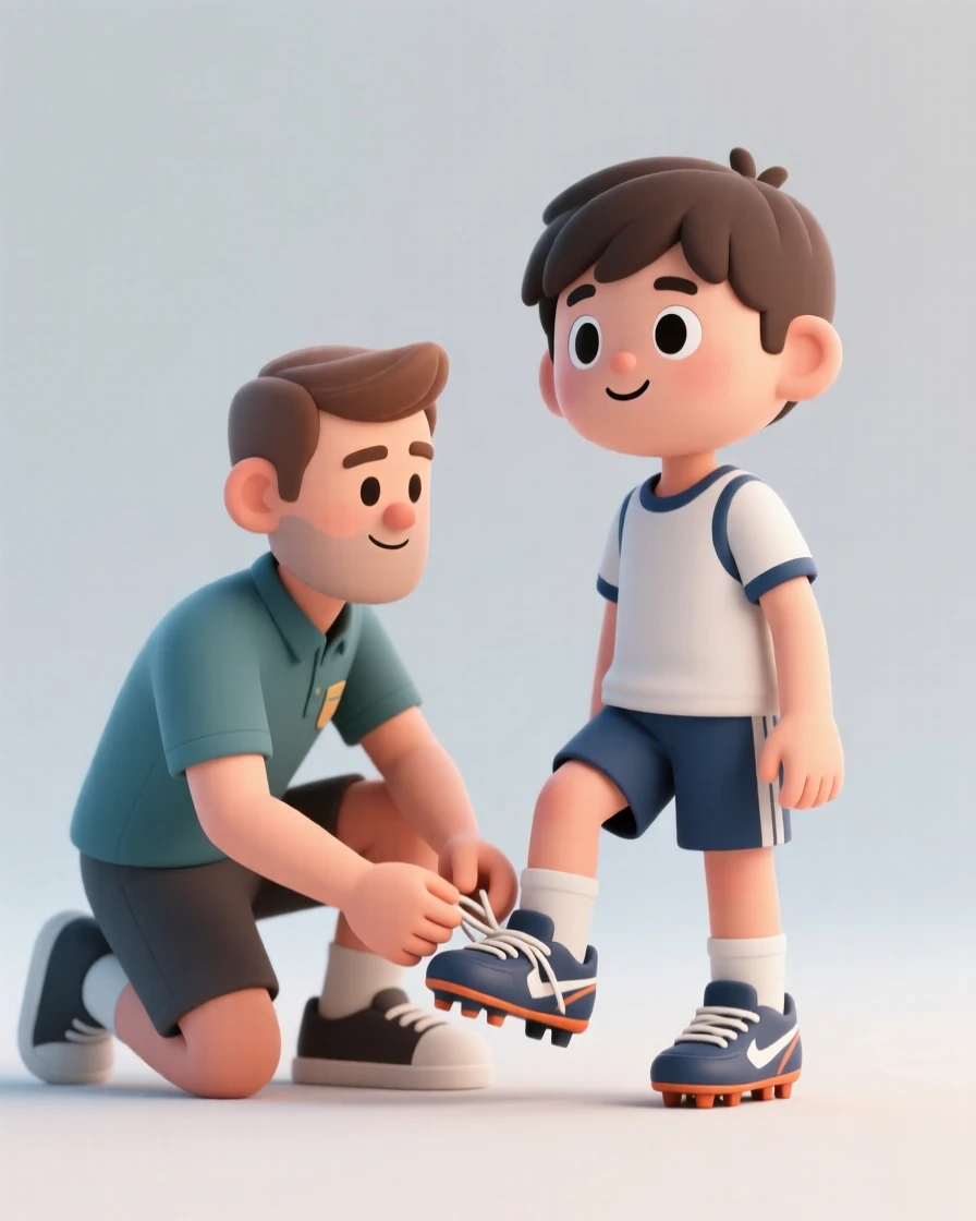 A proud coach kneels beside a young athlete, tying their cleats before the biggest game of the season.