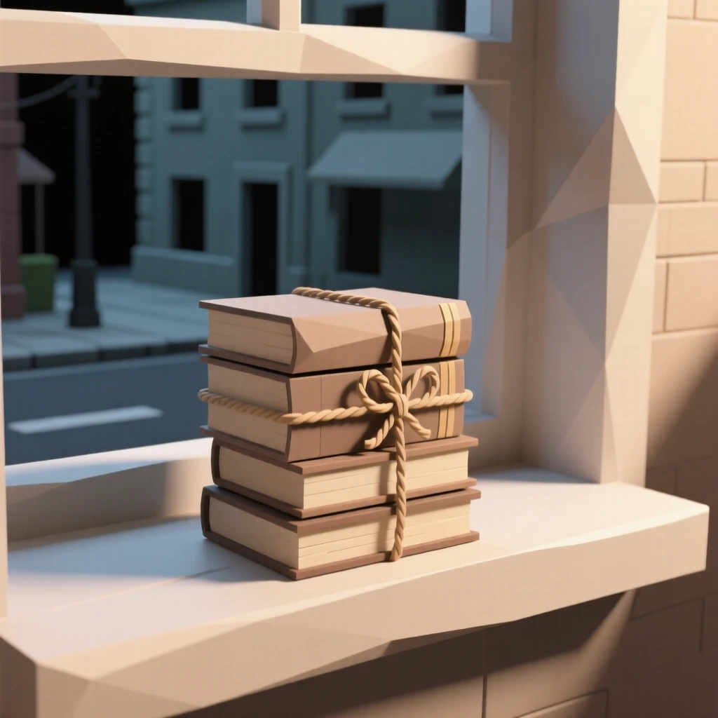 A stack of old books tied with twine, on a windowsill overlooking a quiet street. soft directional light creates gentle shadows. The mood is warm and sentimental.