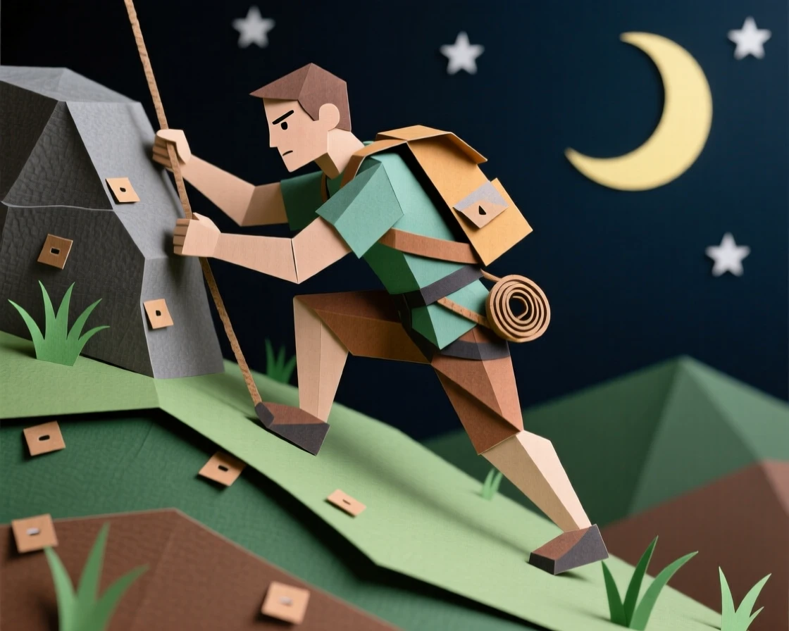 A determined rock climber set up on a quiet hilltop at night, with a look of quiet concentration, capturing mindful, patient craftsmanship.