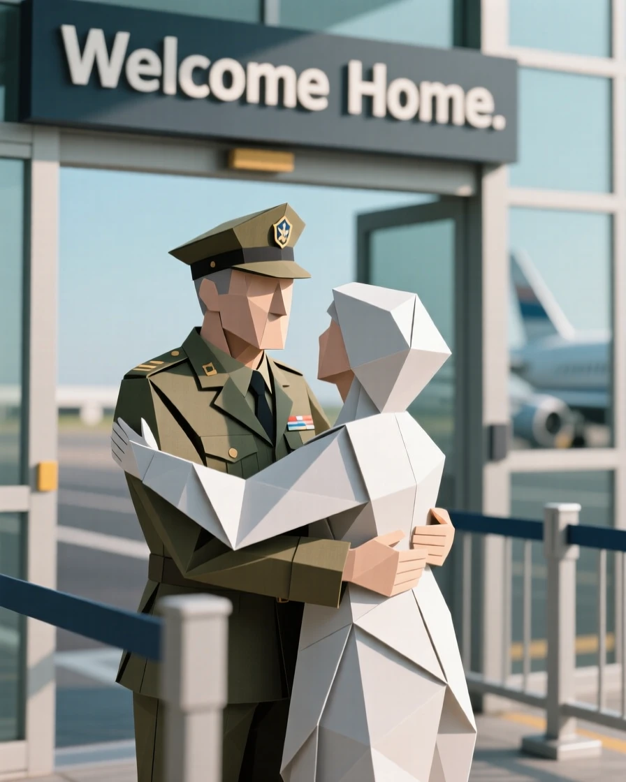 A veteran being welcomed home with an embrace at the airport gate.