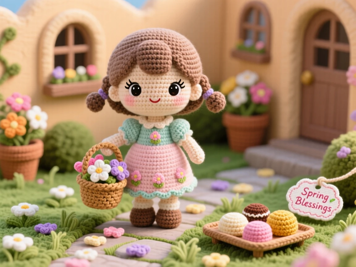 A festive cultural scene of a little girl carrying a small basket of flower petals for a spring procession, scattering them along a garden path within a cozy family courtyard set for a celebration; a small tray of traditional sweets nearby nearby, full of heartfelt togetherness during a special gathering.