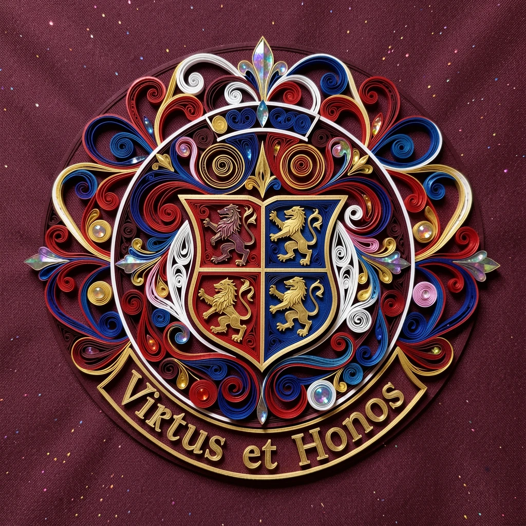 a decorative coat of arms with heraldic symbols, presented on a rich burgundy fabric backdrop, arranged in concentric layered rings, with a subtle iridescent shimmer.