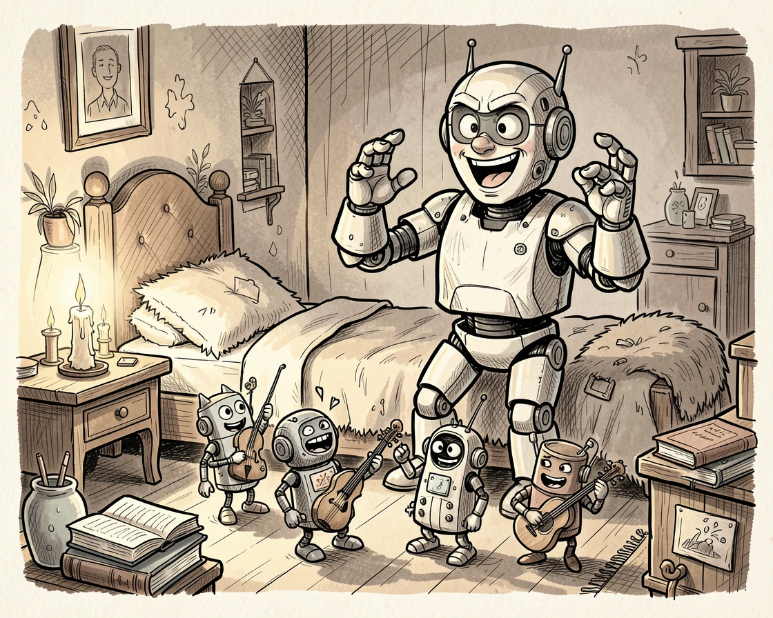 A robot conducting a tiny orchestra of gadgets inside a cozy candlelit bedroom.