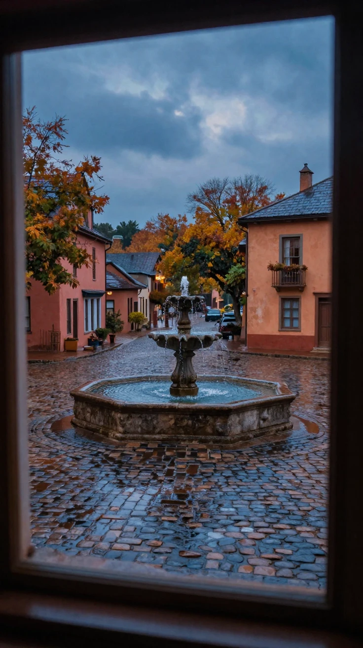 A cobblestone village square with a burbling old fountain, in cool blue twilight, just after a rain shower, with puddles reflecting the sky, in the mild days of early autumn, in earthy terracotta and ochre shades, viewed from across the room.