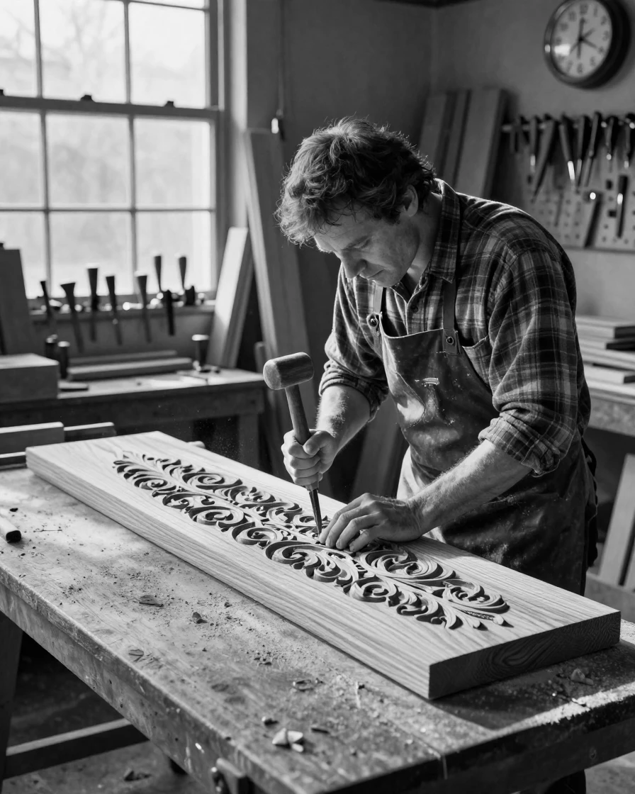 A woodworker carves an intricate pattern into oak in a sunlit workshop.