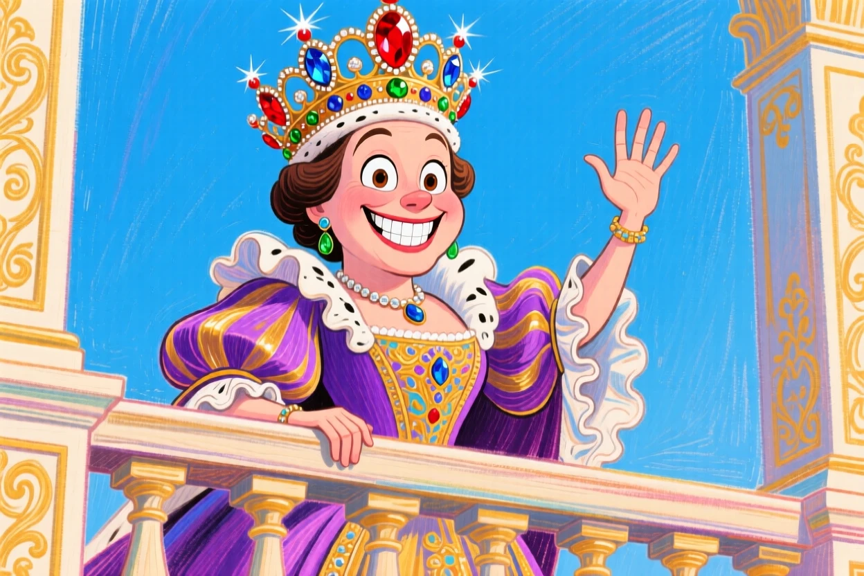 A queen in an elaborate gown and jeweled crown, waving gracefully from a balcony.