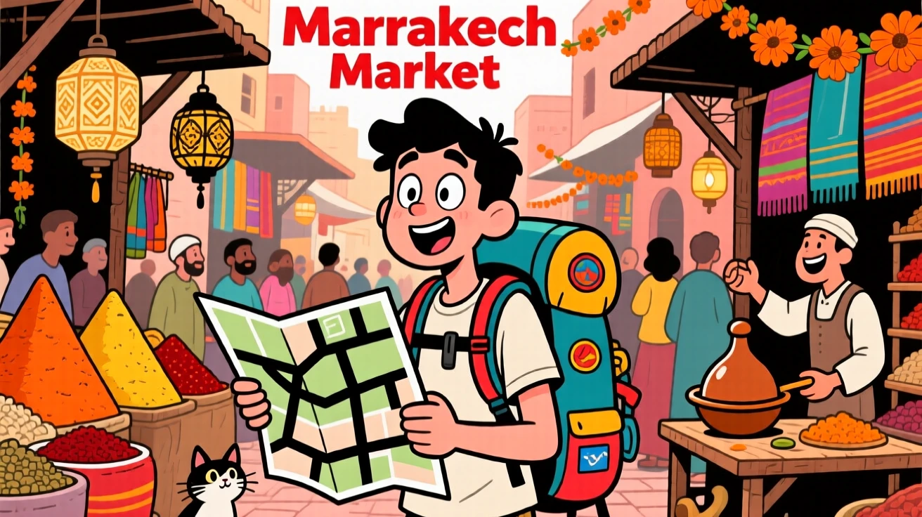 An iconic travel scene featuring a solo backpacker wandering through a bustling market in Marrakech, with a map slightly askew in hand.