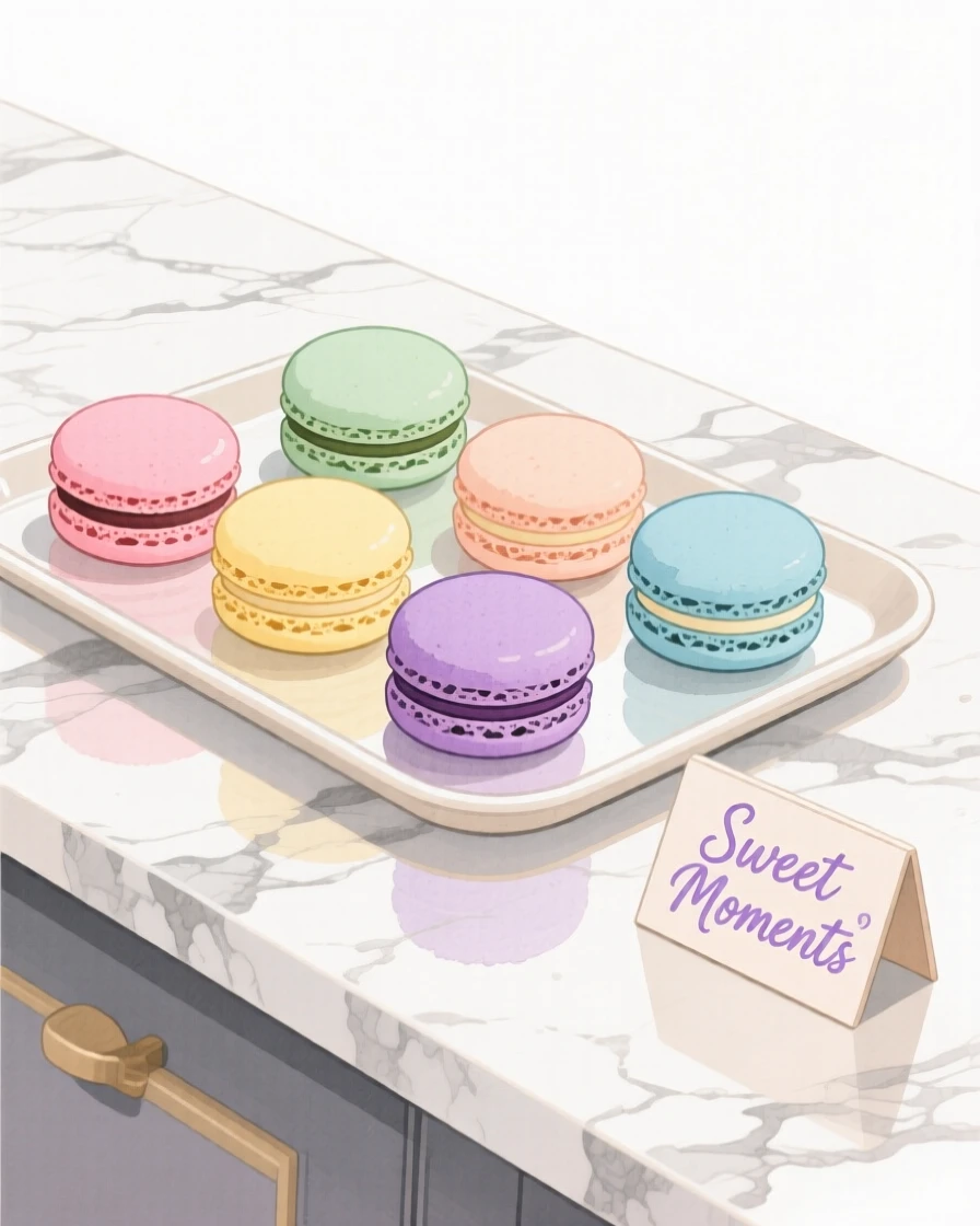 A cozy, appetizing, elegant and intimate scene of a tray of colorful macarons arranged on a marble counter