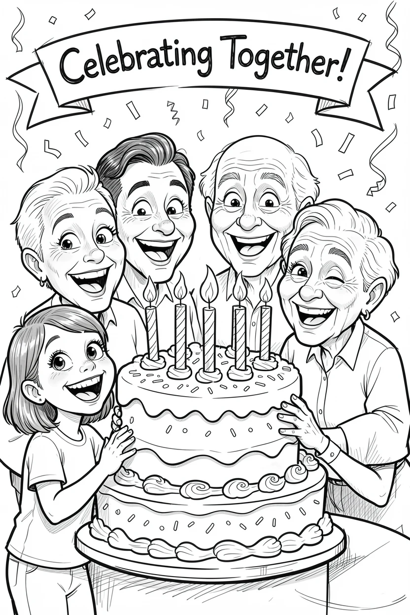 [Seasonal Holidays & Celebrations] Festive scene of a lively family sharing a giant celebratory cake, full of celebration and joy