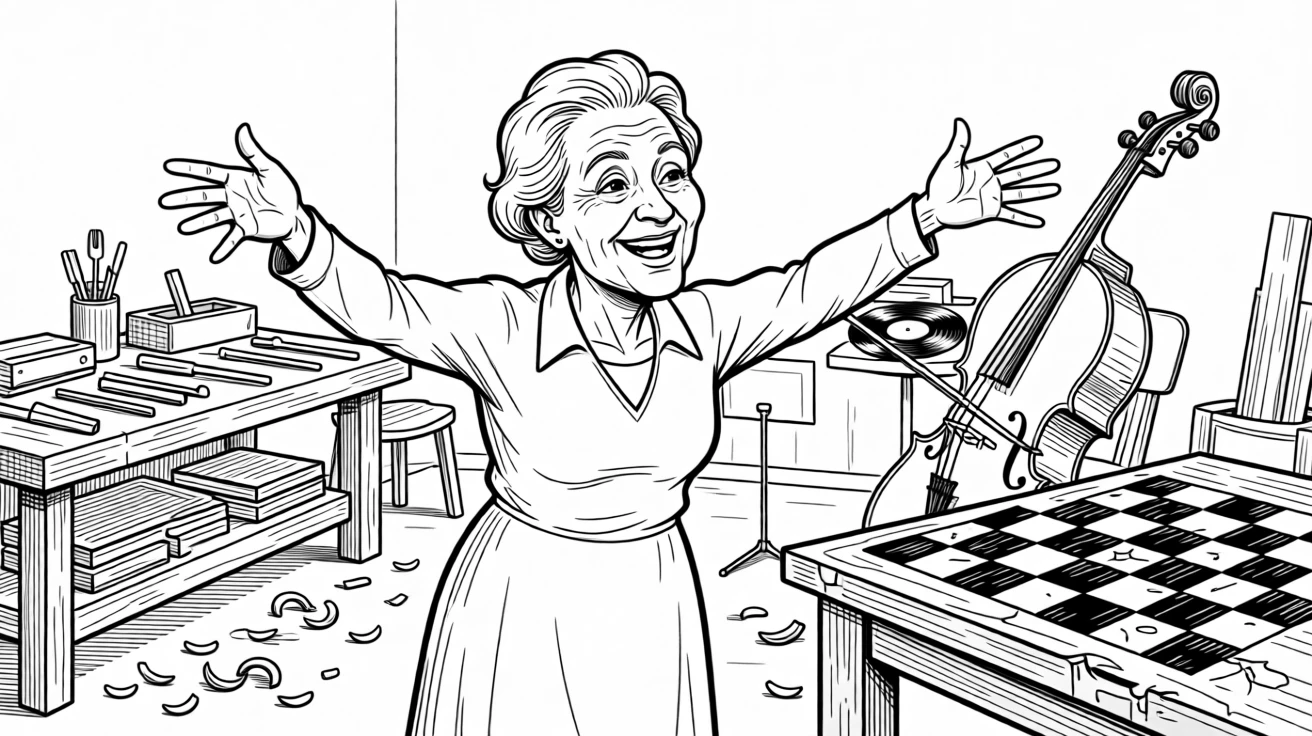 An elderly woman conducting an imaginary orchestra to old records, throwing both arms wide to act out the biggest wave, set in a small workshop scattered with wood shavings. A worn checkerboard shows decades of use. It captures the quiet joy of passing traditions down.
