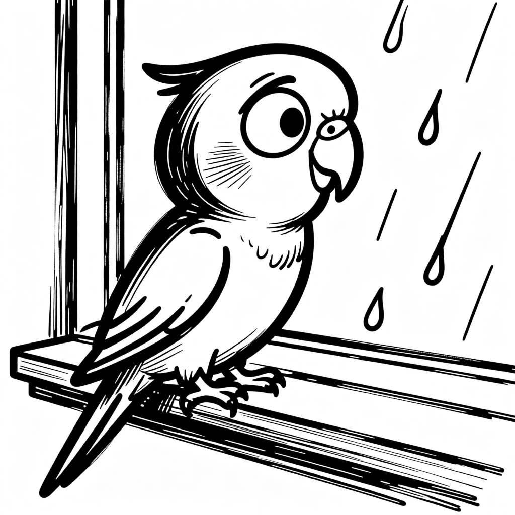 A parakeet perched on a windowsill watching rain fall outside with a thoughtful expression.