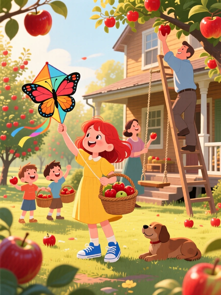 A girl with a kite spends the afternoon picking apples in an orchard with their whole family, while the porch swing creaks gently.