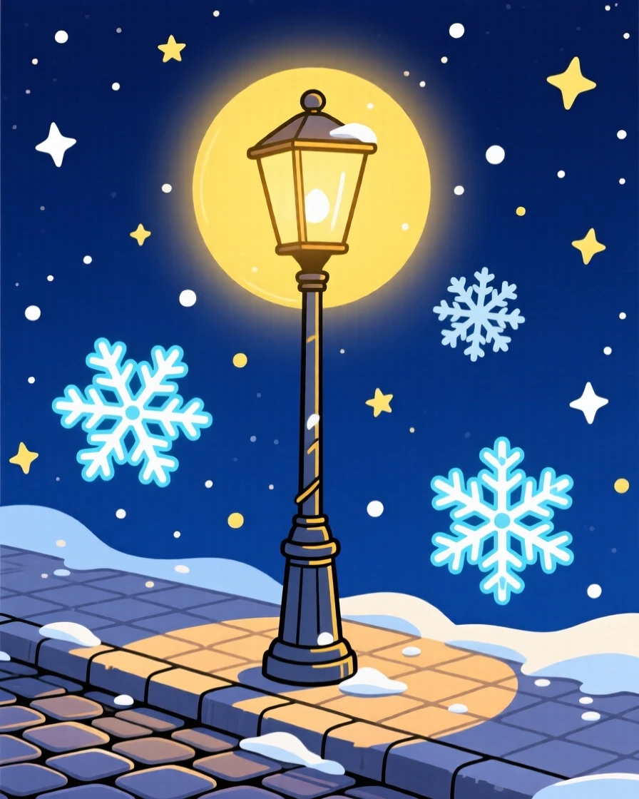 Snowflakes drifting gently past a glowing streetlamp at night.