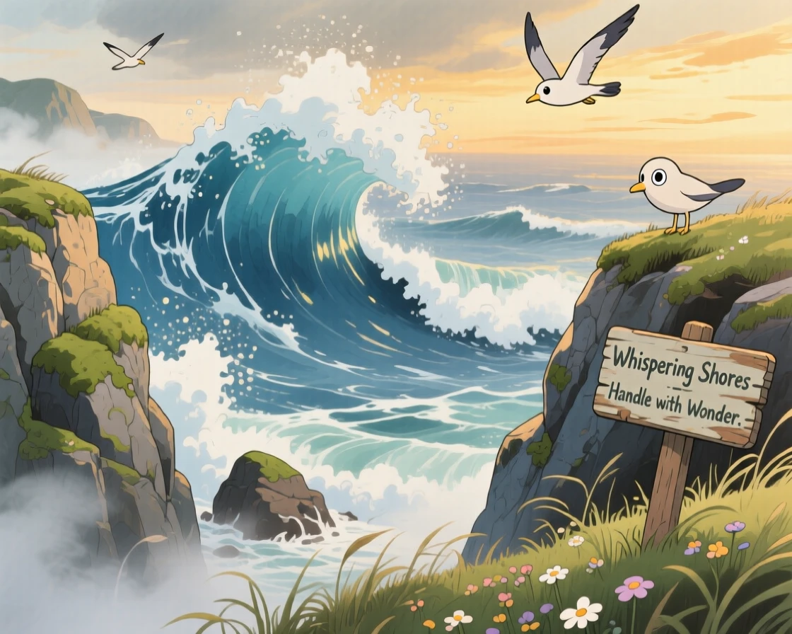 A stunning view of towering waves crashing against a rugged coastline, framed between two rocky outcrops.