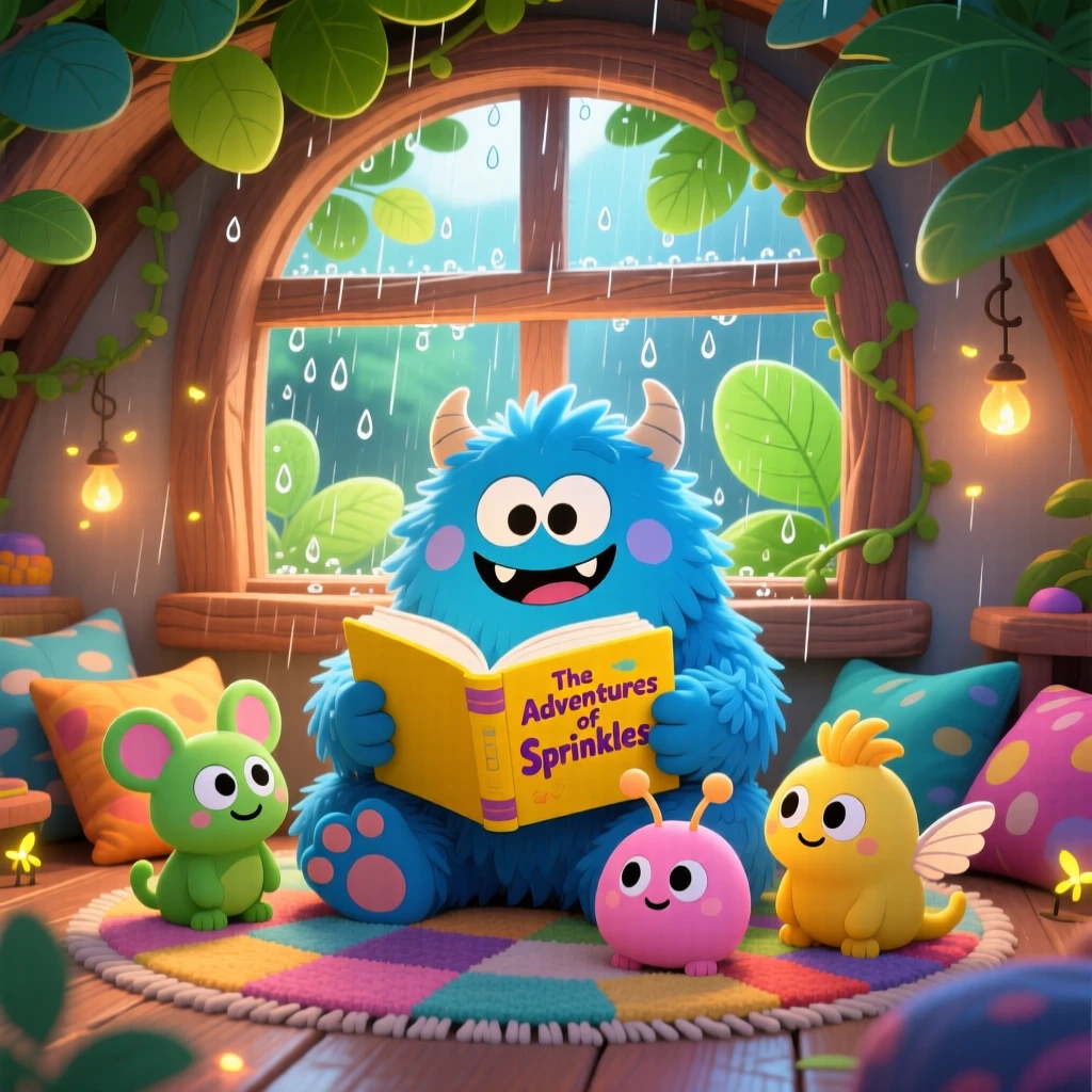 In a cozy monster den, a fluffy blue monster is reading a bedtime story to smaller monsters during a gentle spring rain shower, bathed in dappled sunlight through a canopy, expression full of playful mischief. Shot as a framed through a window.