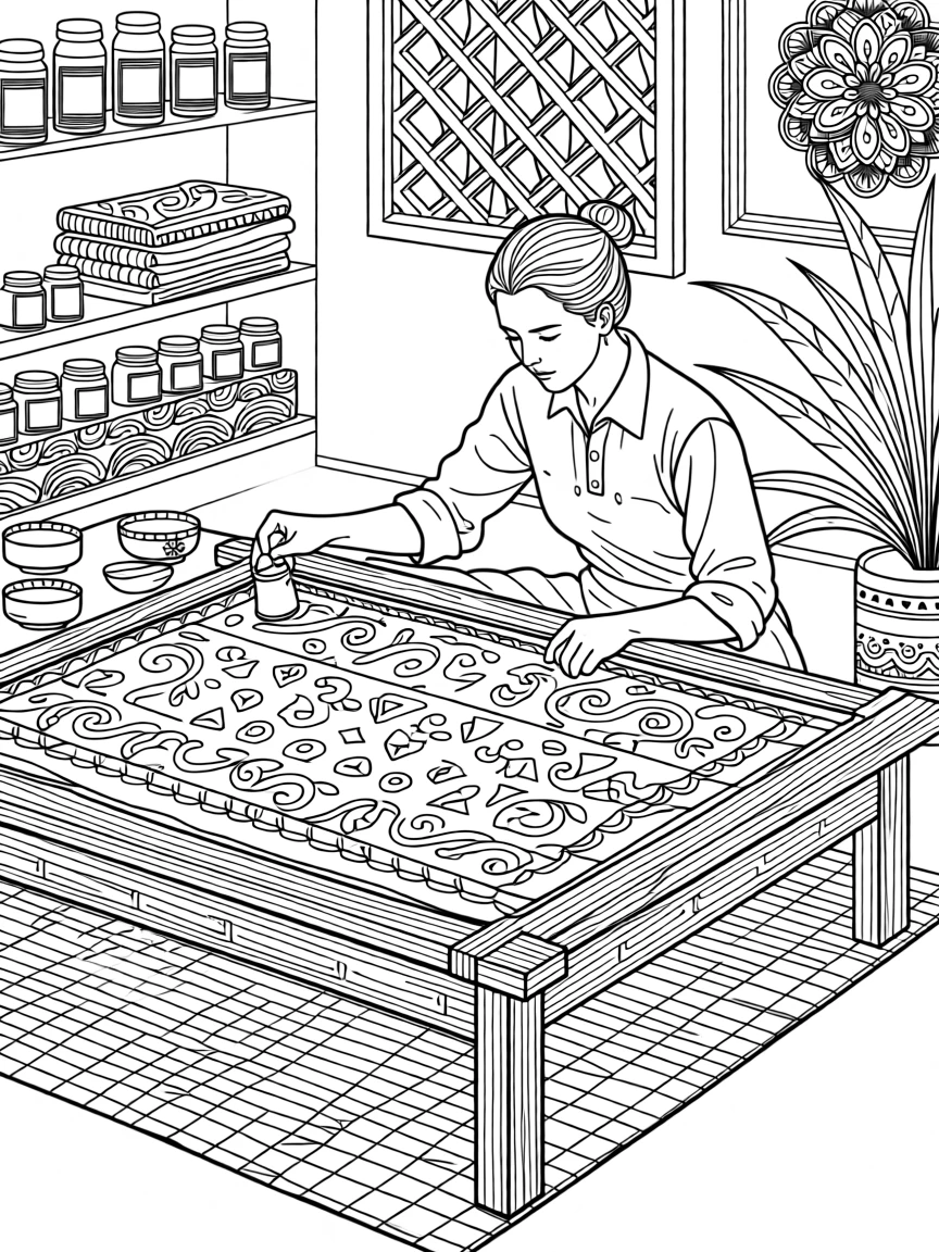 A batik artist applying wax with a traditional tool.