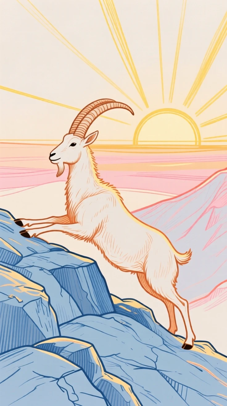 A mountain goat stretching in the morning light on a rocky hillside at sunrise.