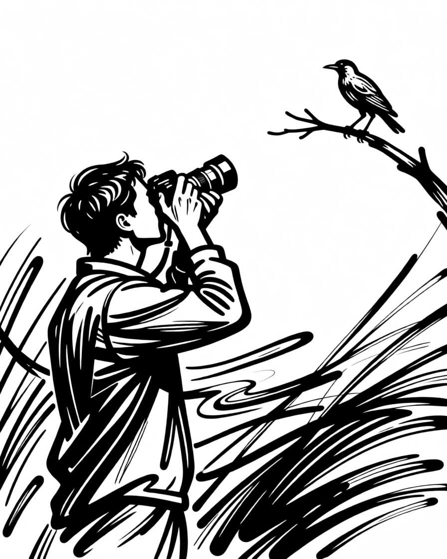 A birder photographing a rare bird perched on a distant branch.
