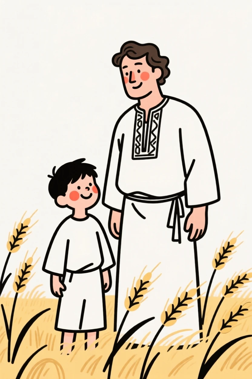 A father and son of Greek heritage, grinning mischievously, in a wheat field at harvest.