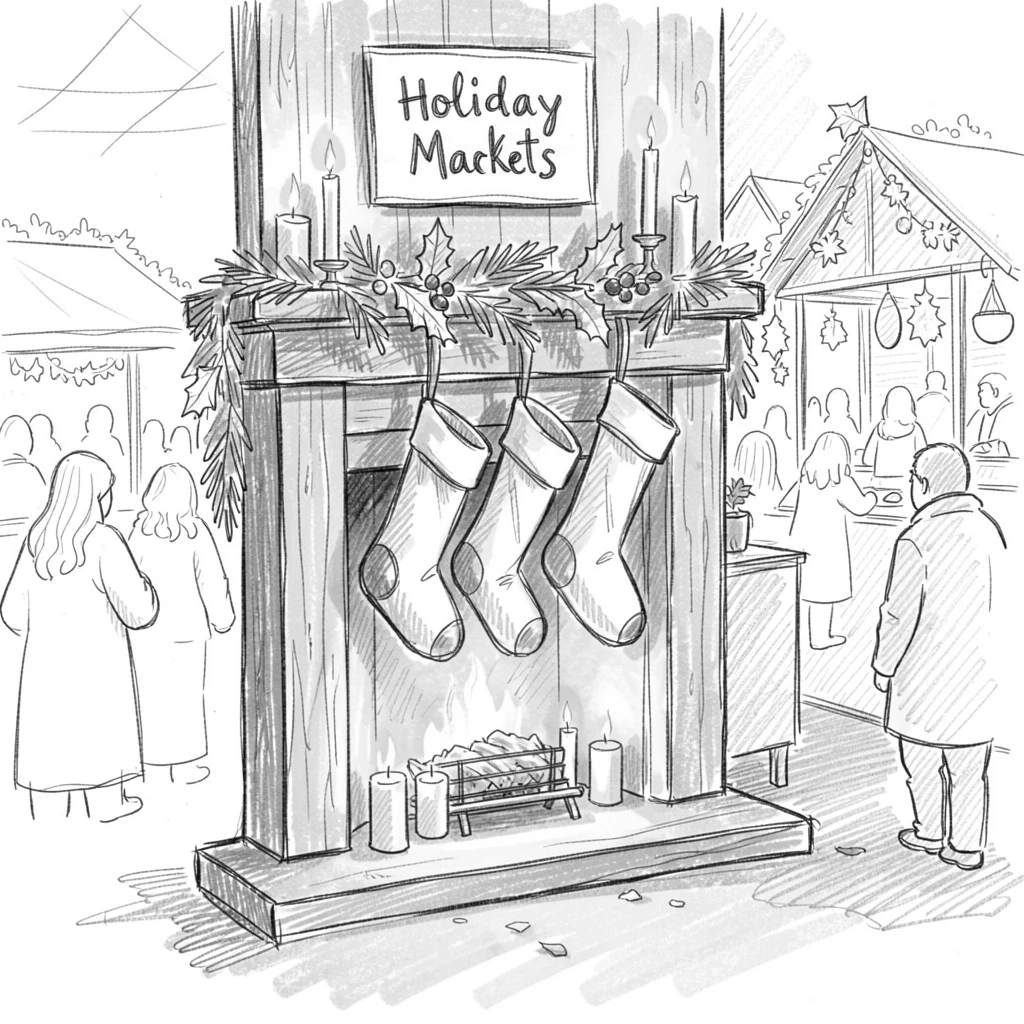 A joyful holiday moment: a fireplace stocking display with soft candlelight in a bustling holiday market, with warm golden light everywhere.