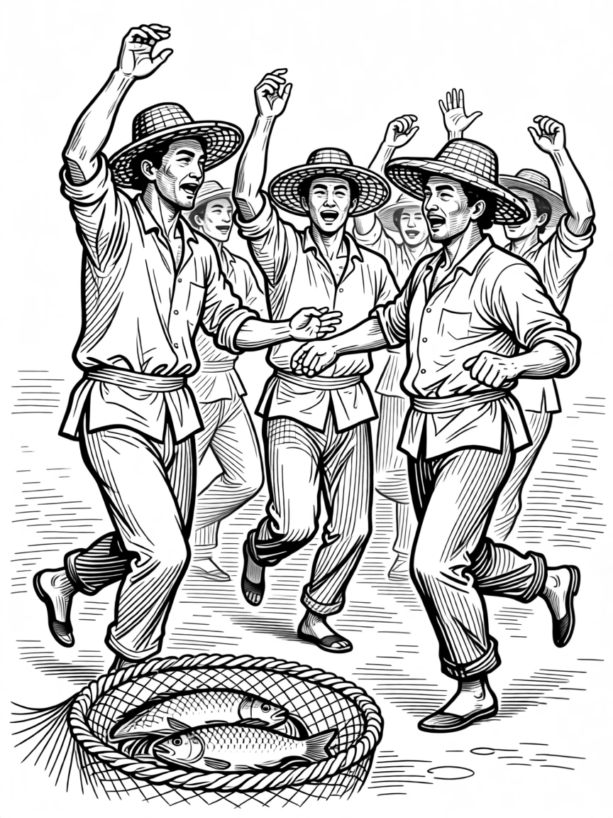 A group of fishermen celebrating a successful catch with a traditional dance.