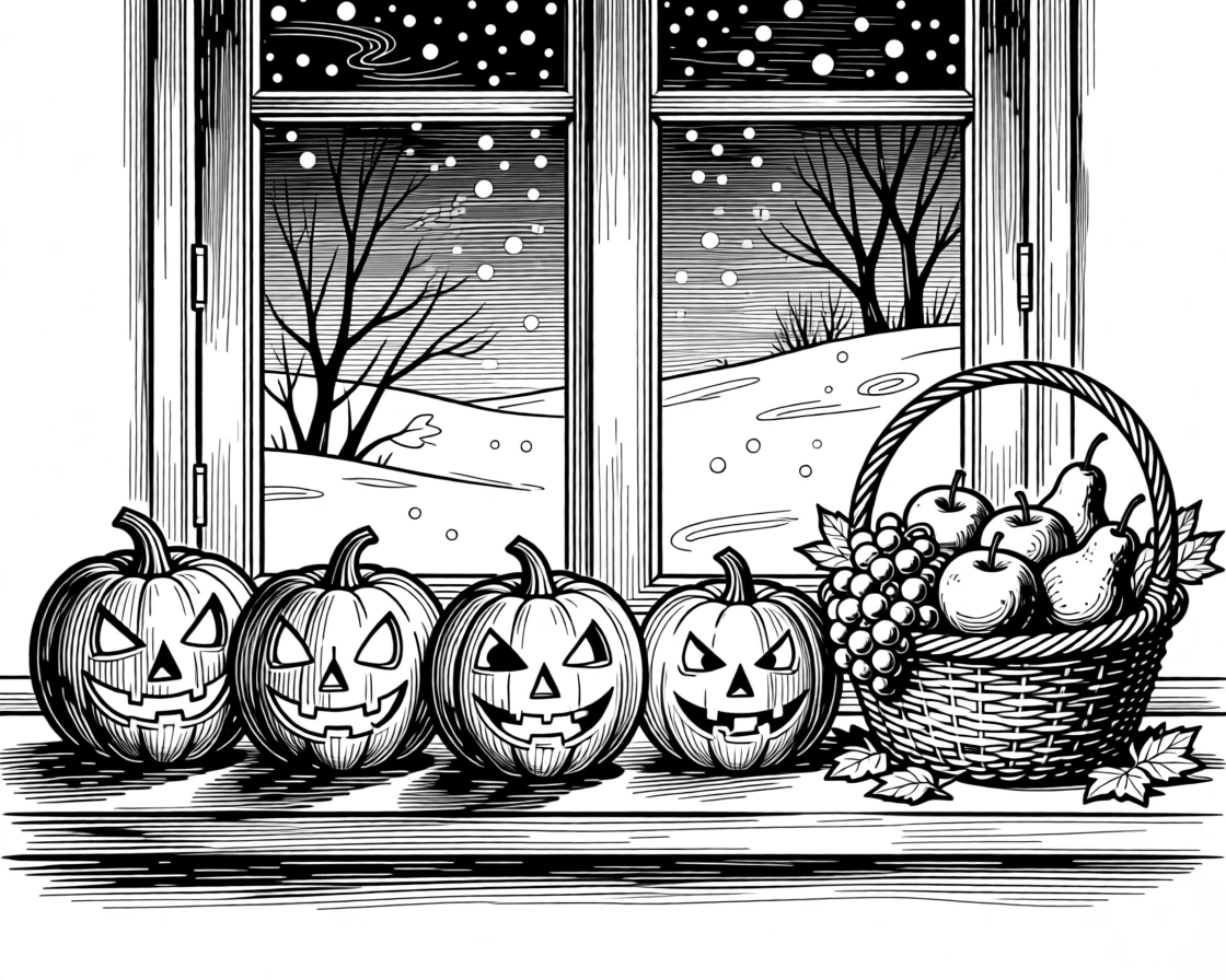 A row of jack-o'-lanterns glowing at dusk as snow gently falls outside the window, with a basket overflowing with seasonal fruit, capturing a wonderfully inviting seasonal moment.