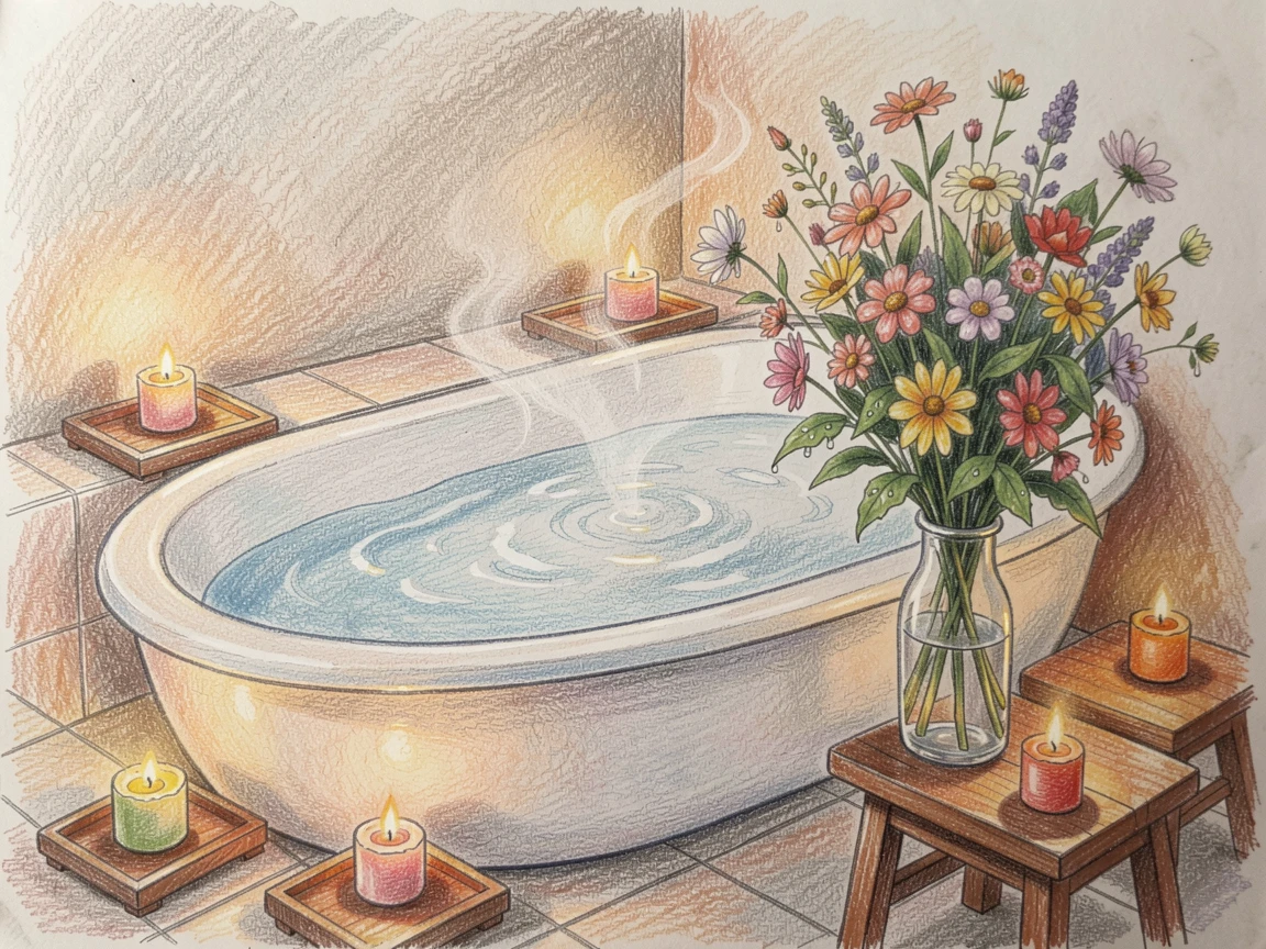 A warm bathroom with candles and a bouquet beside a soaking tub, set against a softly lit, atmospheric backdrop, perfect for anyone drawn to gentle, heartfelt imagery.