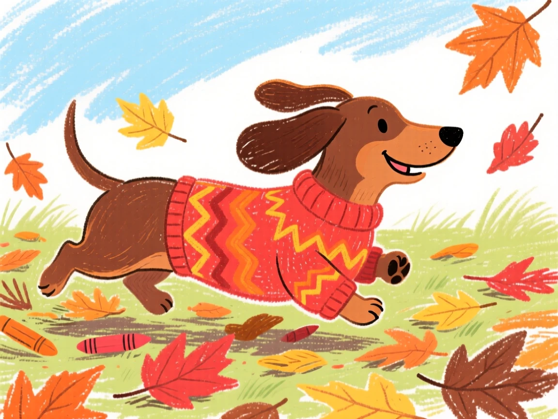 A dachshund wearing a knitted sweater trotting through fallen autumn leaves.