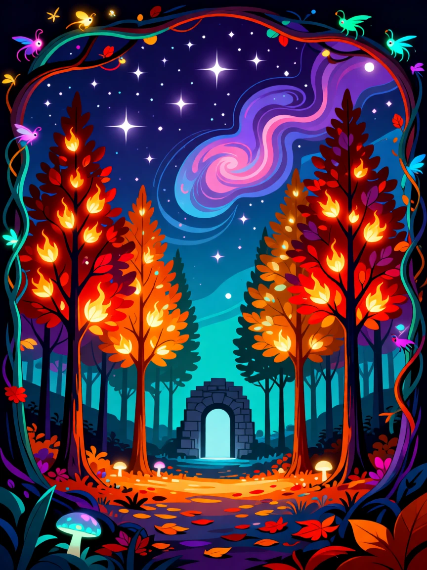 A magical autumn forest where the leaves glow like embers, set against a starry night sky filled with soft color, framed with a whimsical, imaginative composition, with rich jewel tones that evoke wonder and imagination.