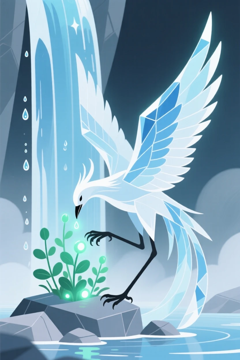An ice phoenix gathering glowing herbs near an enchanted waterfall.