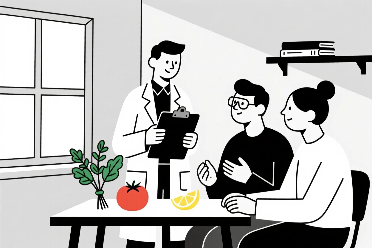 A scientist in a lab collaborating with colleagues in a home studio, near fresh ingredients, full of focused determination.
