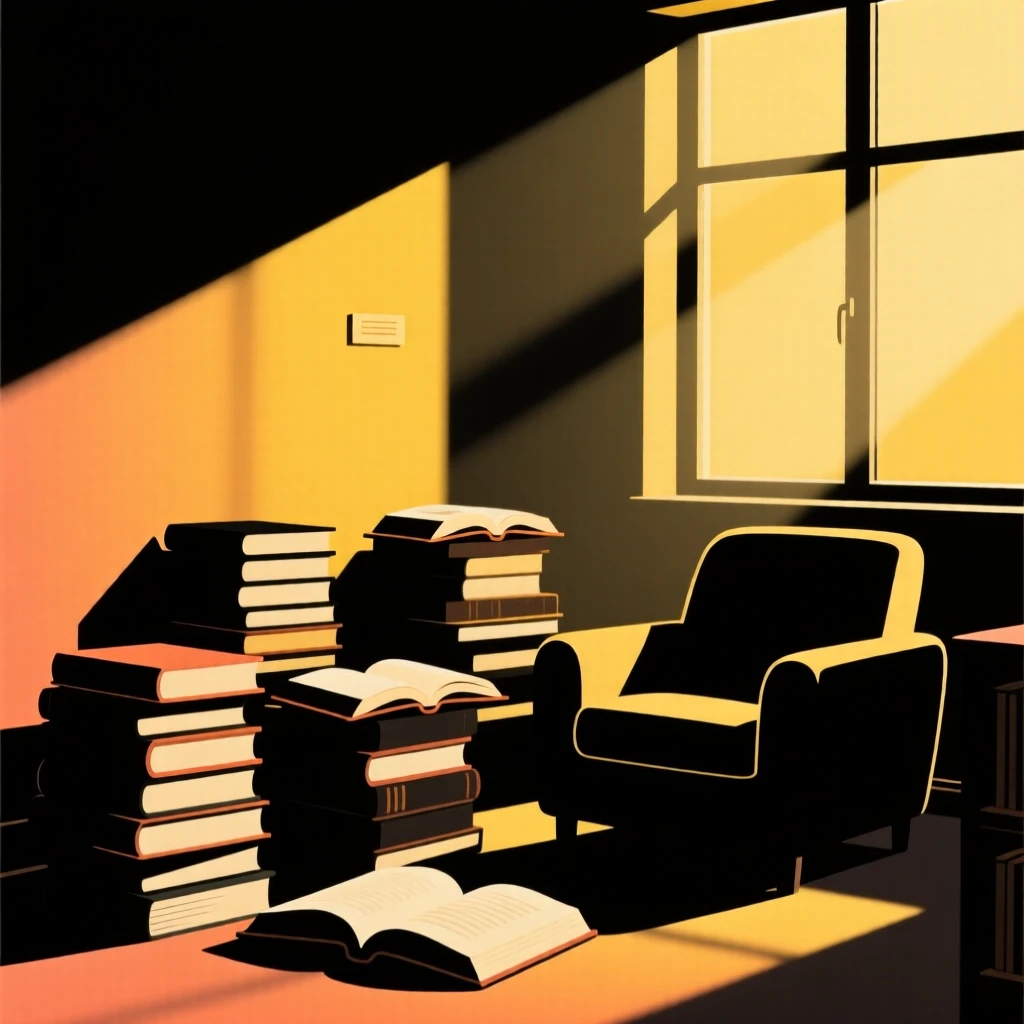 A quiet library corner with sunlight streaming across stacks of open books.