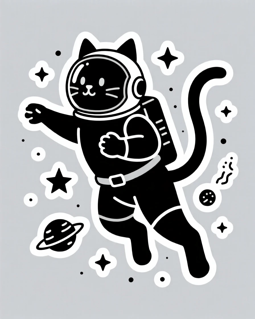 A dynamically posed space explorer cat floating among the stars, striking a confident heroic pose, in an epic imaginary universe.