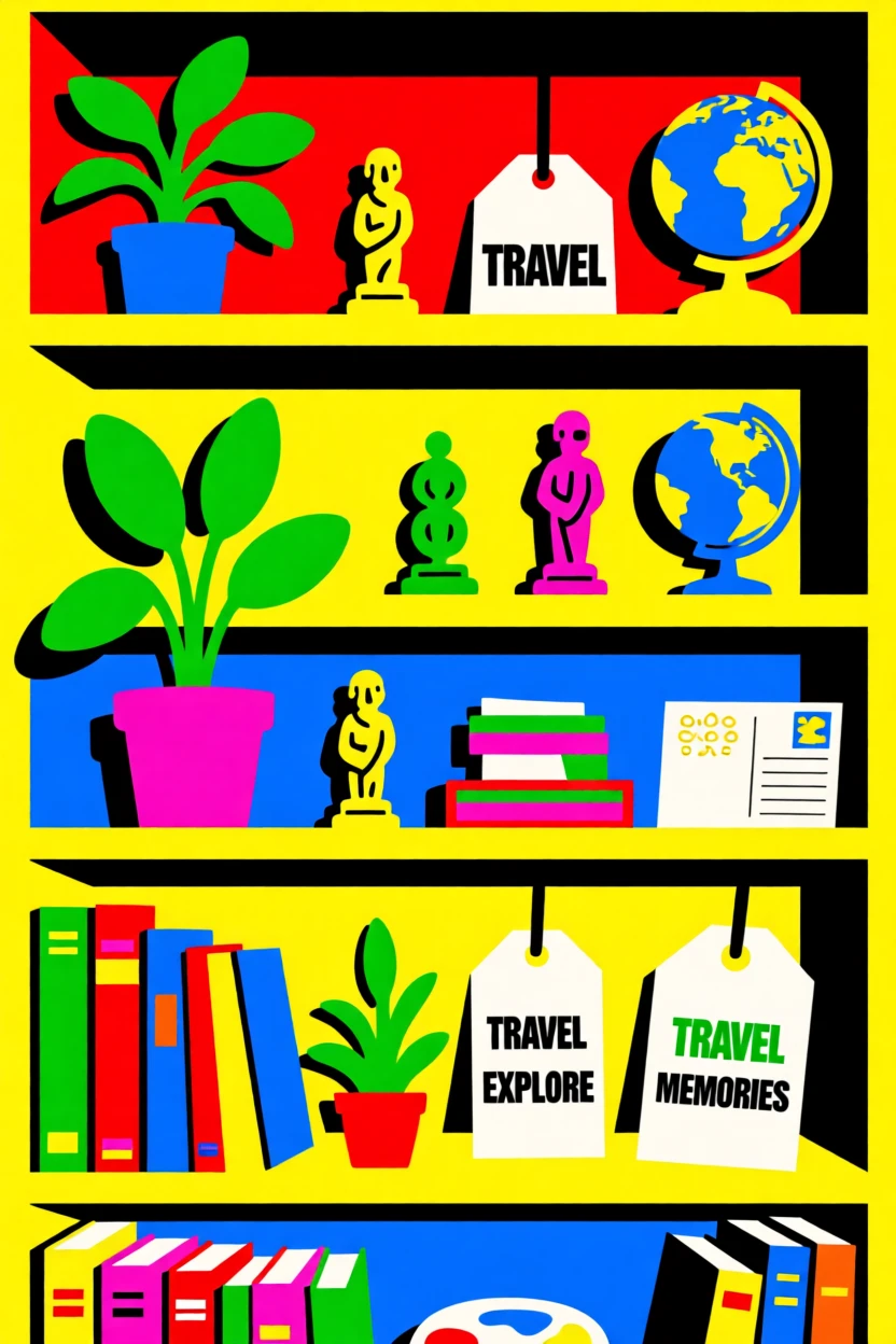 Bookshelf styled with plants and travel souvenirs