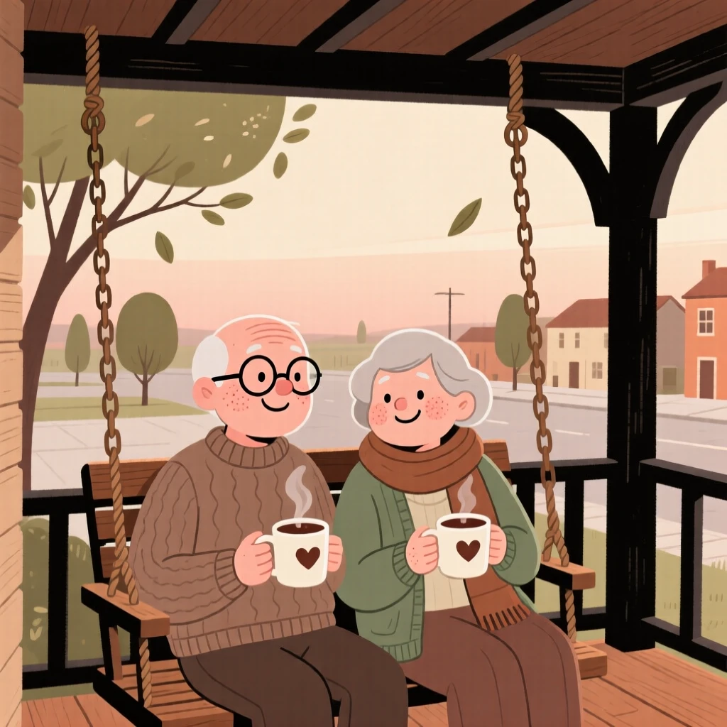 Two old friends sit on a porch swing overlooking the town square below, sharing mugs of hot cocoa and easy laughter as a gentle breeze stirs the trees.