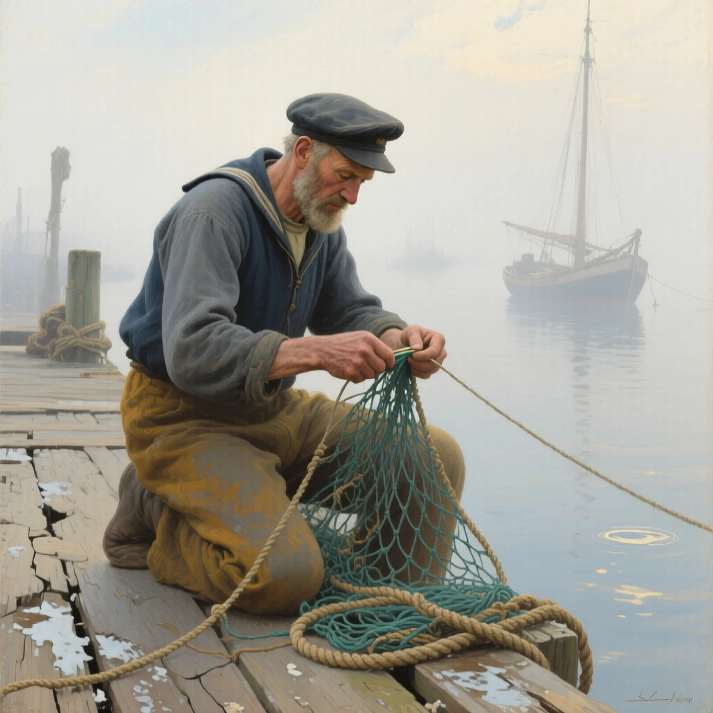 A medium shot of an old sailor mending a fishing net on a weathered dock, in thick fog, at midday.