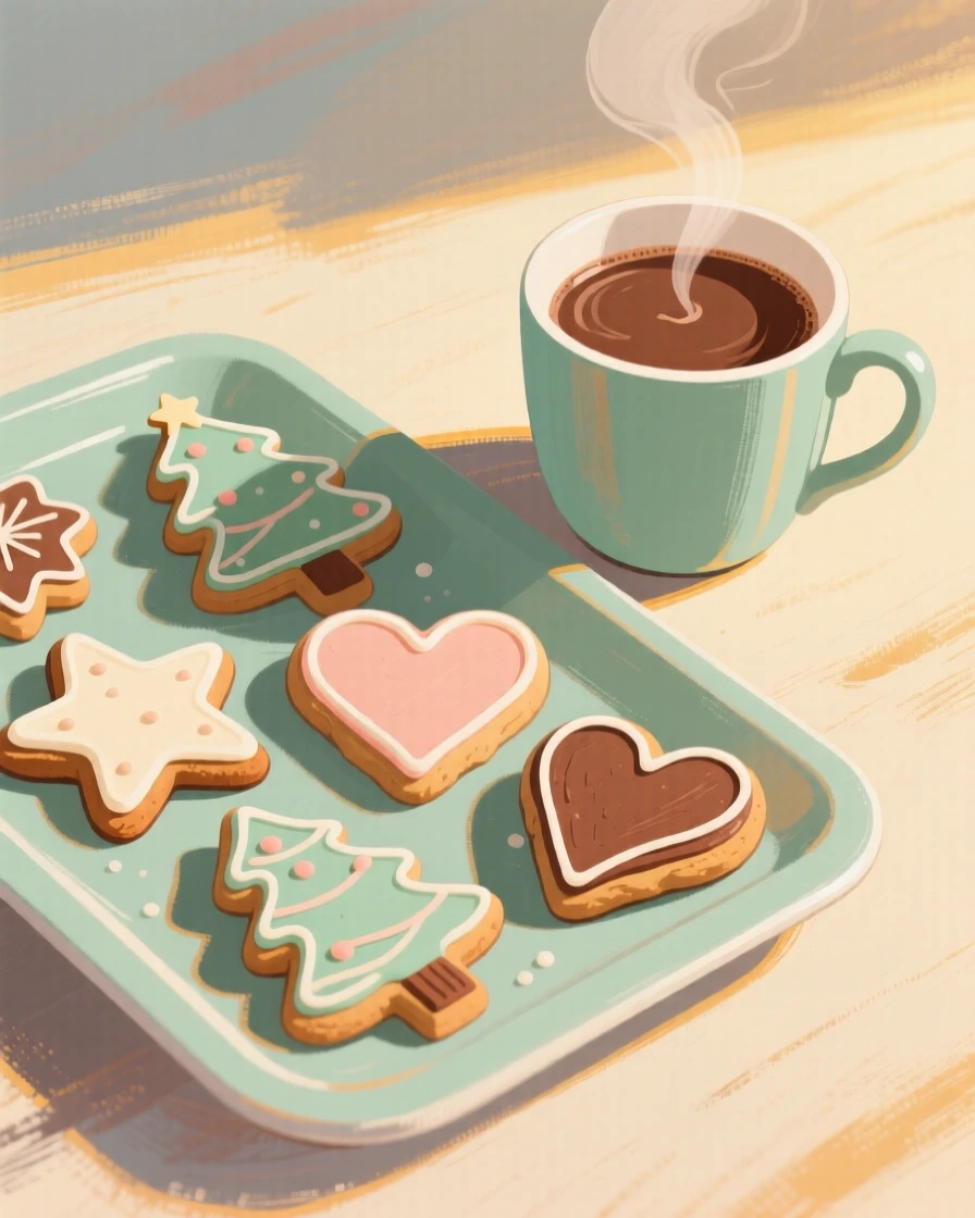 A tray of decorated holiday cookies beside a cup of cocoa