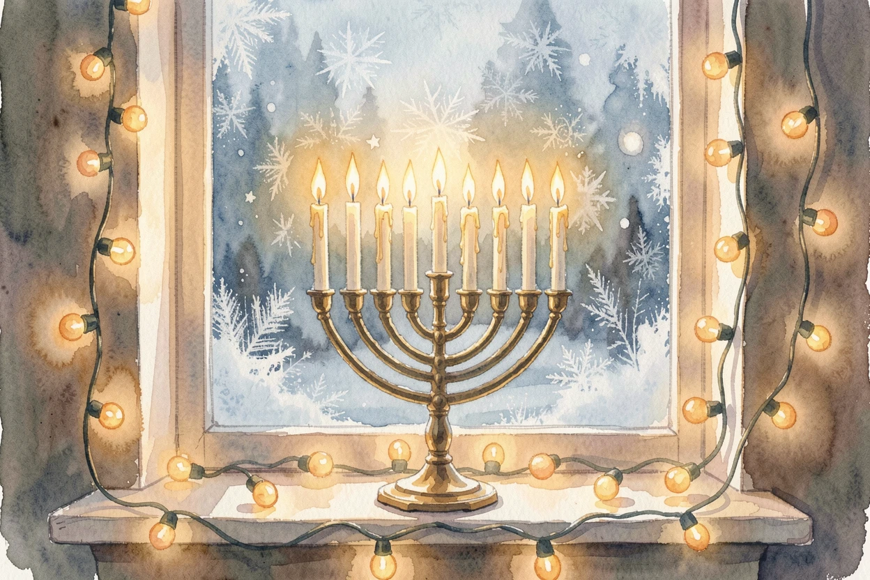 A Hanukkah menorah glowing in a frosty window under strings of warm fairy lights.