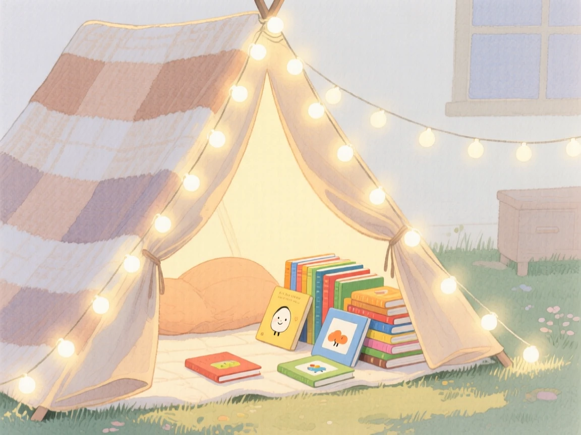 A snug reading tent made of blankets glows from a string of fairy lights with a pile of picture books inside
